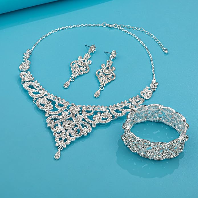 Silver Gold Plated Wedding Jewelry Sets Bridal Necklace Rhinestone Earrings Bracelets