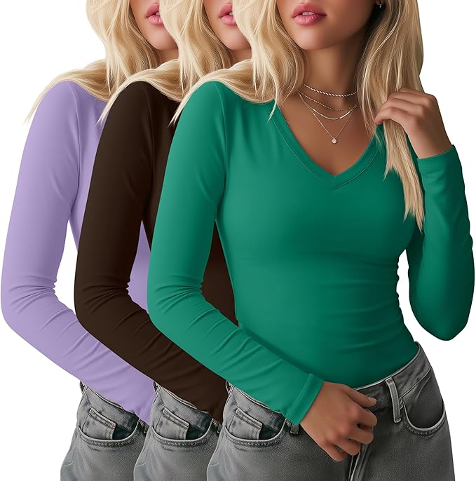 Ficerd 3 Pack Women's Long Sleeve Shirts, V Neck Basic Tees Slim Fitted Casual Fall Tops Going Out Blouses T Shirts