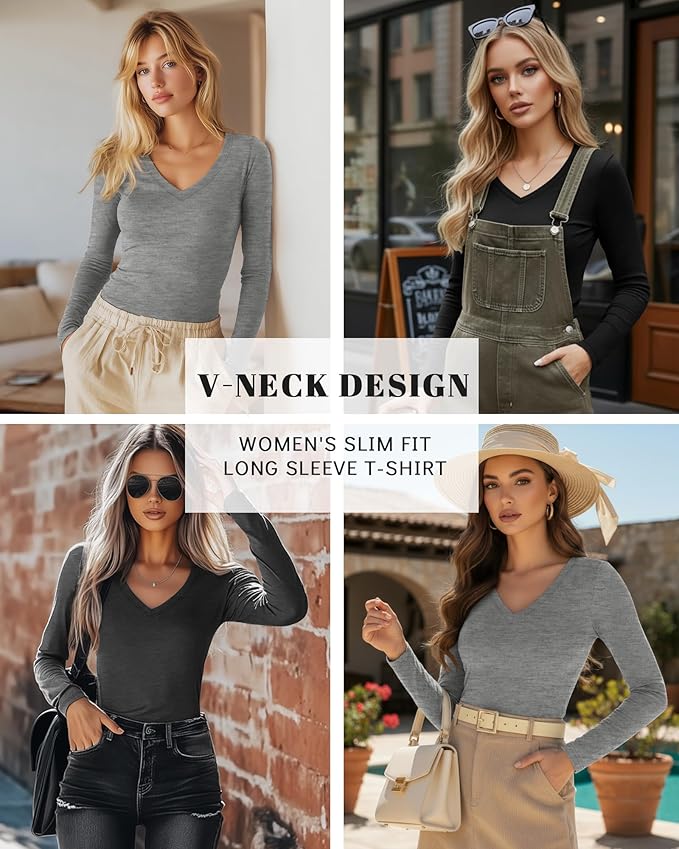Ficerd 3 Pack Women's Long Sleeve Shirts, V Neck Basic Tees Slim Fitted Casual Fall Tops Going Out Blouses T Shirts