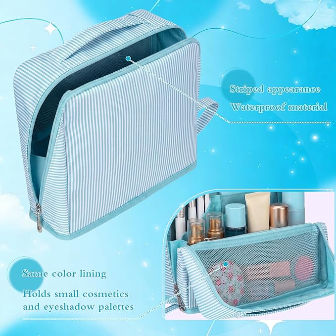 Striped Makeup Bag Large Cosmetic Bags for Women Gift with Brush Loops Mesh Pocket Wrist Strap Travel Organizer Storage Pouch Toiletry Case with Divider for Mirror(Summer Blue)