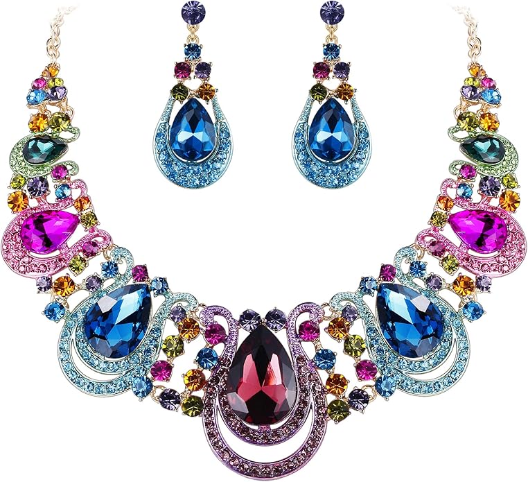 BriLove Women's Costume Fashion Crystal Teardrop Hollow Scroll Statement Necklace Dangle Earrings Set