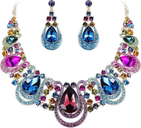 BriLove Women's Costume Fashion Crystal Teardrop Hollow Scroll Statement Necklace Dangle Earrings Set