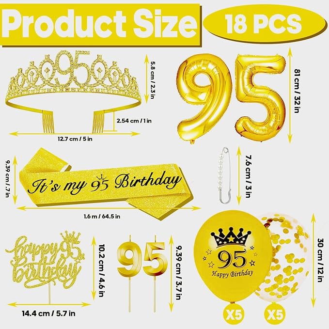 95th Birthday Decorations for Her Girls Set, Include 95th Birthday Crown and 95 Sash, 95th Birthday Cake Topper and 95 Birthday Candles, Gold 95 Balloons, Women 95th Party Supplies(Gold)