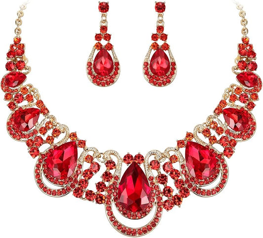 BriLove Women's Costume Fashion Crystal Teardrop Hollow Scroll Statement Necklace Dangle Earrings Set