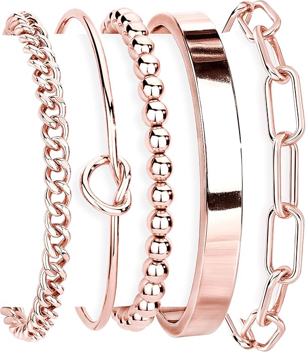 Gold Bracelets Set for Women Non Tarnish, 14K Gold Plated Sterling Silver Chunky Cuff Bracelet Stackable Gold Bangles Bracelet for Women Trendy Fashion Accessories Tie Knot Cuban Rope Paperclip Beaded Bracelet Stack Jewelry Valentines Day Gifts