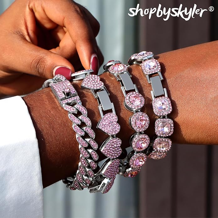 4PCS Gold Bracelets for Women Silver Clustered Tennis Bracelet for Women Heart Round Diamond Cuban Bracelet Layered Link Bracelet Set Fashion Jewelry for Women Set