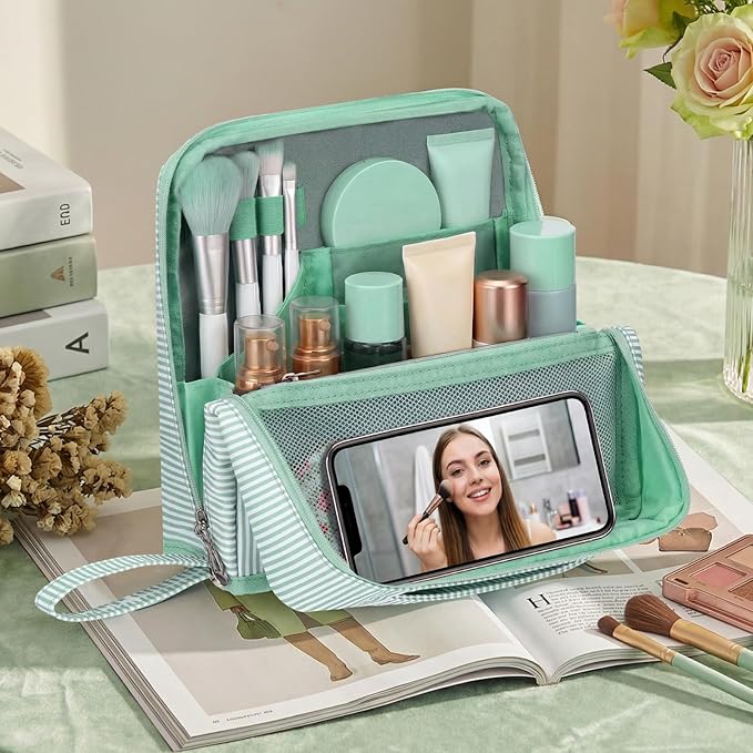 Striped Makeup Bag Large Cosmetic Bags for Women Gift with Brush Loops Mesh Pocket Wrist Strap Travel Organizer Storage Pouch Toiletry Case with Divider for Mirror(Fresh Green)
