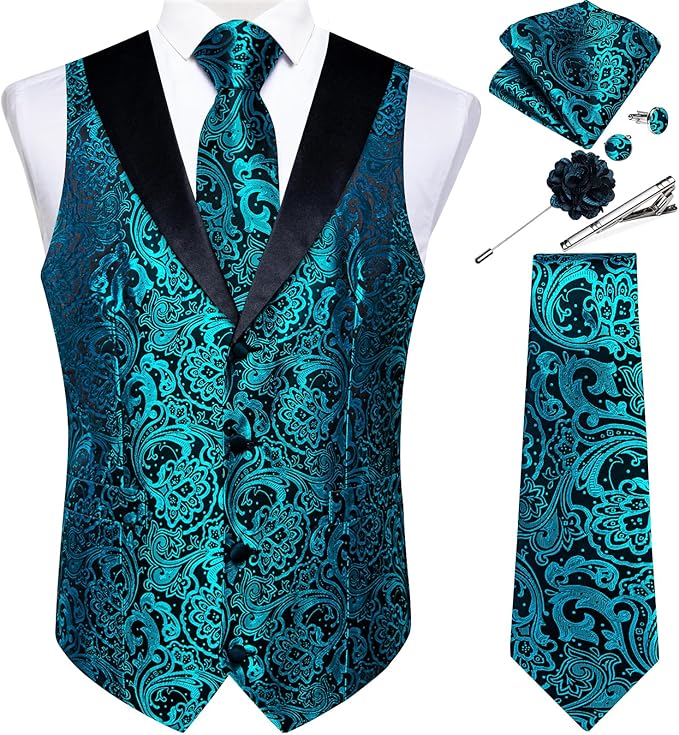 DiBanGu Mens Paisley Suit Vest Silk Jacquard Waistcoat and Necktie Set Formal Shawl Collar Dress Vest 7PCS for Wedding Party