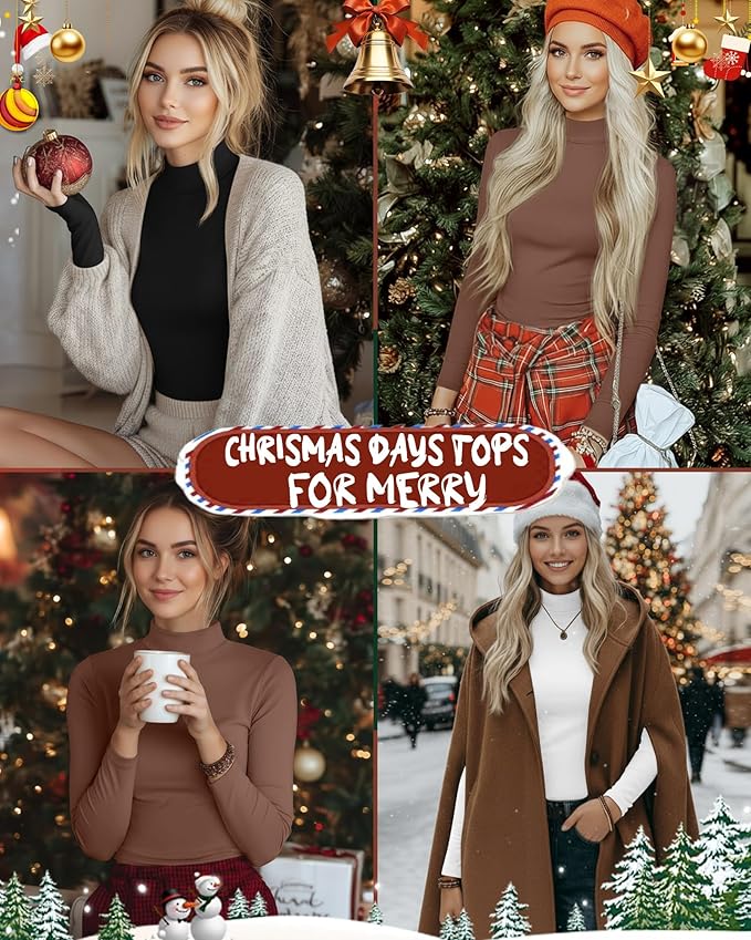 Ficerd 3 Pack Women's Mock Turtleneck Shirts, Long Sleeve Mock Neck Pullover Tops Slim Fitted Stretch Undershirt Tee Blouse