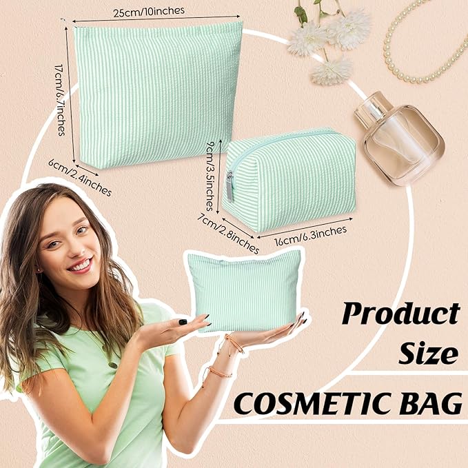 2 Pieces Makeup Bag Set Cute Cosmetic Pouch for Women Seersucker Travel Toiletry Bag Preppy Small Makeup Purse Pouch Aesthetic Skincare Brushes Storage Organizer for Christmas Women(Green)