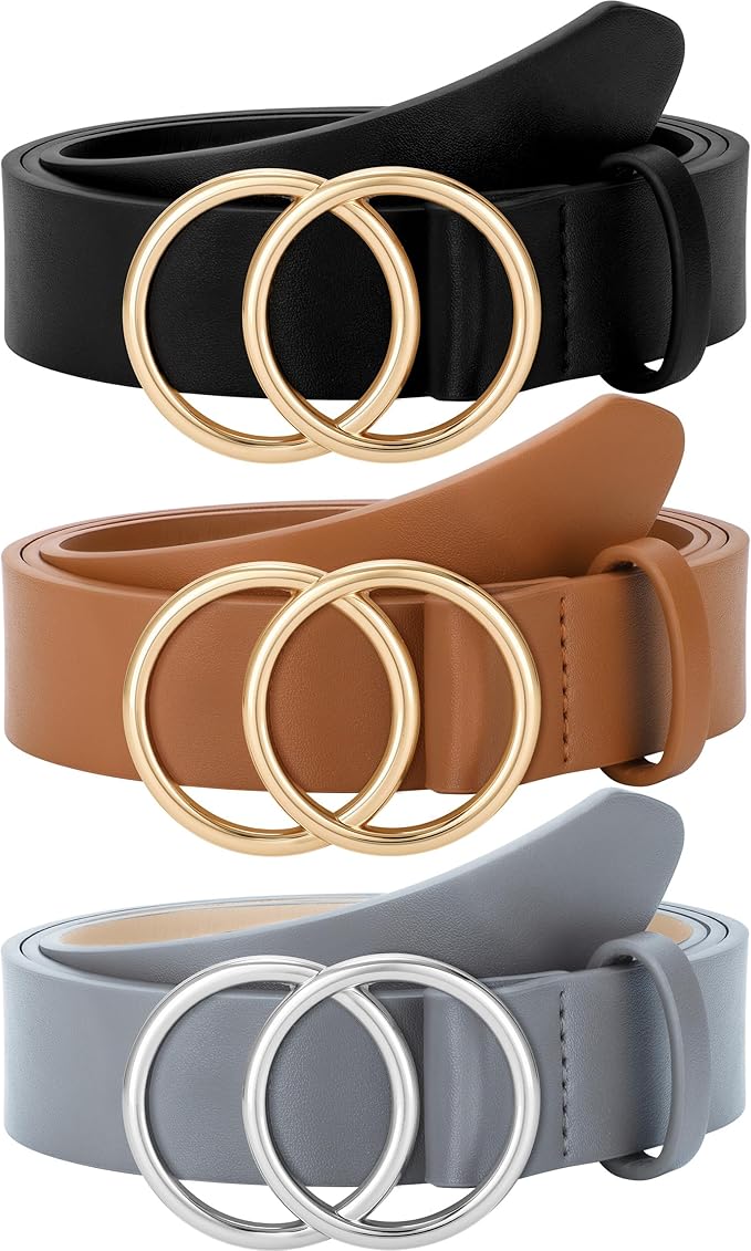 SUOSDEY Women Leather Belt Fashion Double O-Ring Soft Faux Leather Waist Belts For Jeans Dress