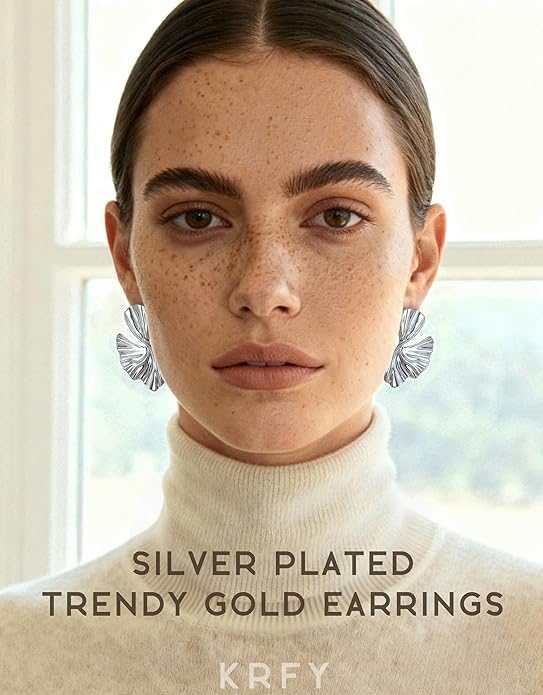 KRFY Statement Earrings 2 Pairs, S925 Sterling Silver Post 16K Plated Chunky Gold Earrings For Women Trendy, Hypoallergenic Big Flower Leaf Stud Earring Set, Silver Color Large Dangle Earrings Jewelry