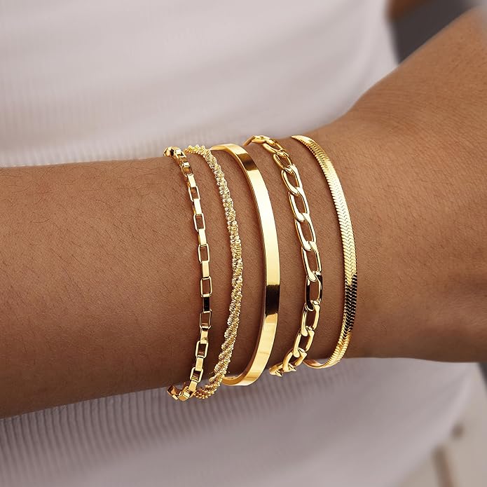 Dainty Thin Gold Bracelet for Women Stack, 14K Gold Plated Bracelet Stackable Set with Bangle Cuff, Box, Herringbone, Paperclip, Figaro, Sparkling Link Chains, Simple Waterproof Non Tarnish Minimalist Gifts for Women Trendy