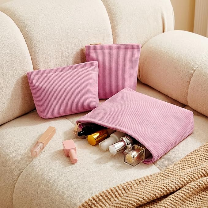 Sanwuta 3 Pack Corduroy Makeup Bag Set Cosmetic Toiletry Travel Pouch Organizer Velvet Makeup Bag for Women Large Pouch Zipper Purse Make up Organizer, Women Girls Gift(Peach Pink)