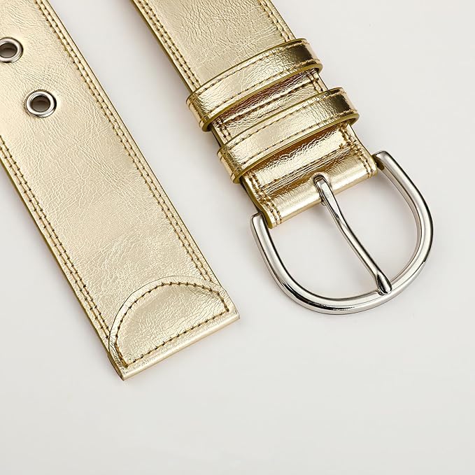 Women Casual Leather Gold Belt for Jeans Pants, Fashion Ladies Girls Gold Faux Leather Waist Belt