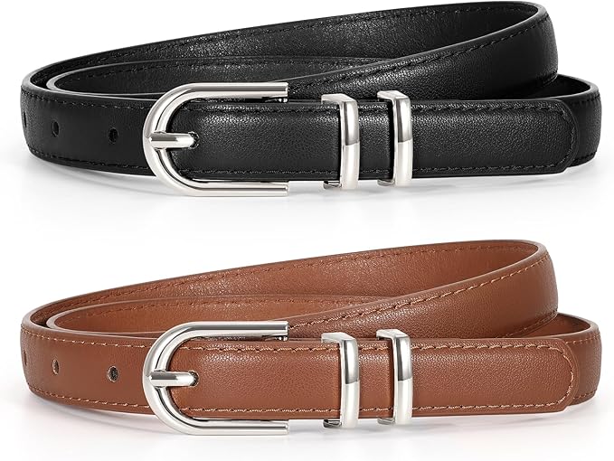 2 Pack Women Skinny Leather Belts for Jeans Pants Thin Faux Leather Belt with Gold Buckle