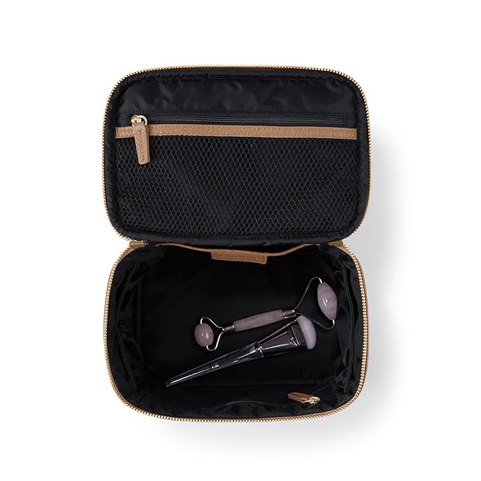 Leatherology Camel Small Train Case – Full-Grain Leather Travel Cosmetic Bag with Water-Resistant Lining, Zippered & Open Pockets, Compact Beauty Organizer