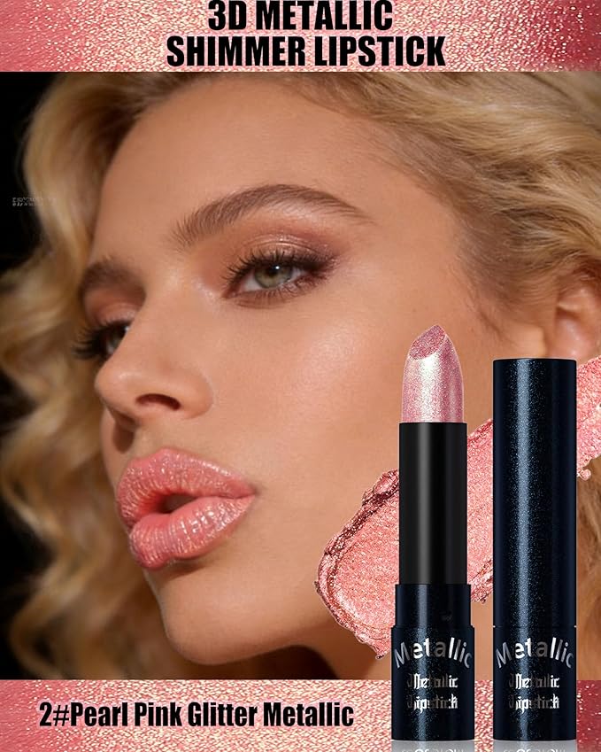 Glitter Metallic Lipstick Shimmer Lip Stick Long Lasting,Peach Pink Diamond Cream Shimmer Tinted Lip Gloss High Pigmented,Metallic Matte Red Lipcolor Stain Women Christmas Non Stick Lips Makeup-02