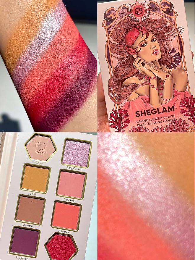 SHEGLAM Glitter Metallic Eyeshadow Palette 8-Color High Pigment Pink Dark Purple Long Wearing Horoscope Collection Eye Shadow Palette - Caring Cancer