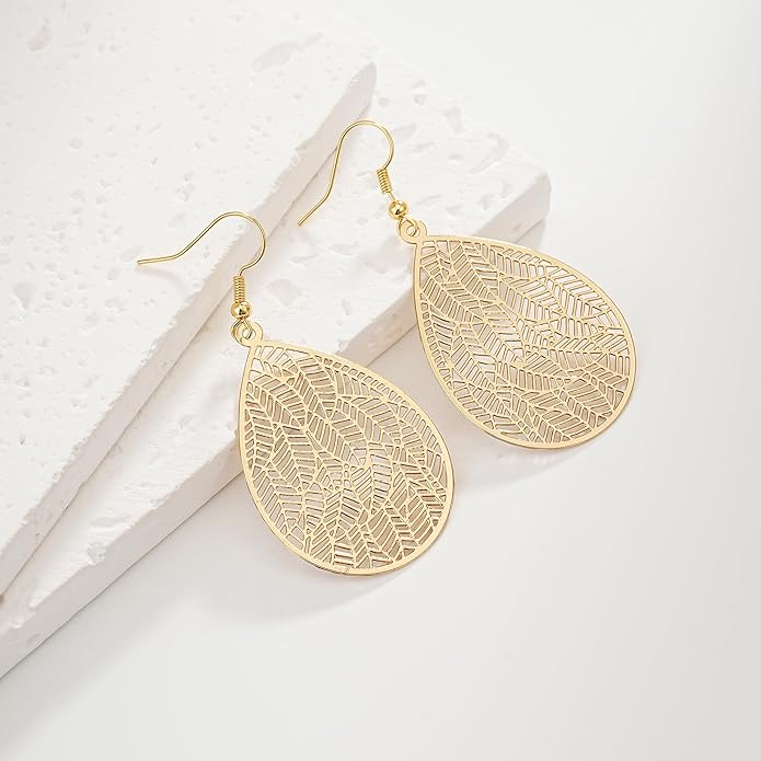 Large Gold Earrings for Women, Chunky Gold Statement Drop Dangle Earring Maple Leave Ginko Leaf Jewelry Gifts