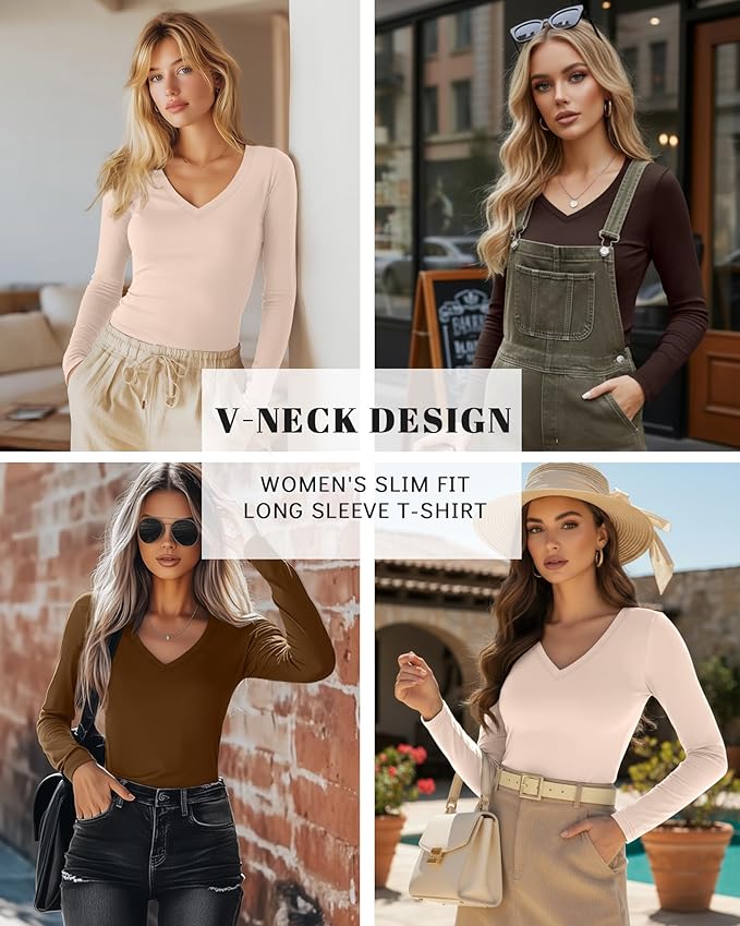 Ficerd 3 Pack Women's Long Sleeve Shirts, V Neck Basic Tees Slim Fitted Casual Fall Tops Going Out Blouses T Shirts