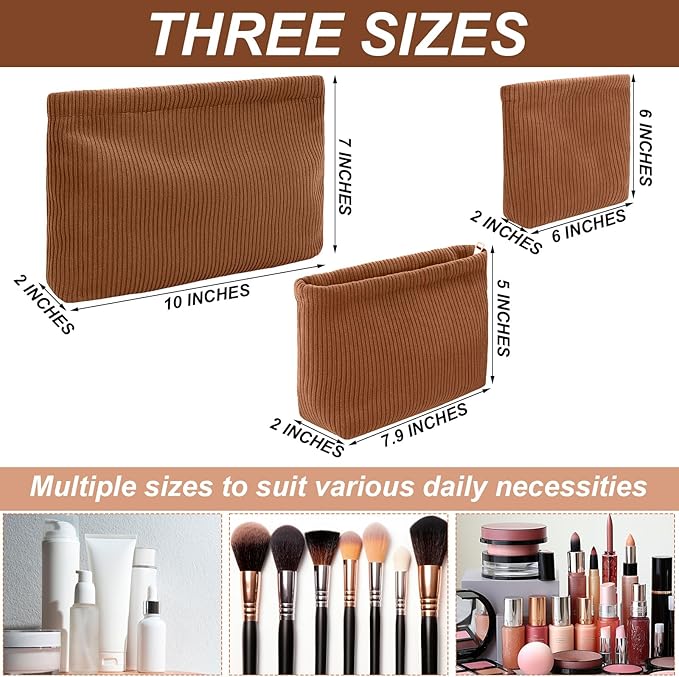 Sanwuta 3 Pack Corduroy Makeup Bag Set Cosmetic Toiletry Travel Pouch Organizer Velvet Makeup Bag for Women Large Pouch Zipper Purse Make up Organizer, Women Girls Gift(Brown)