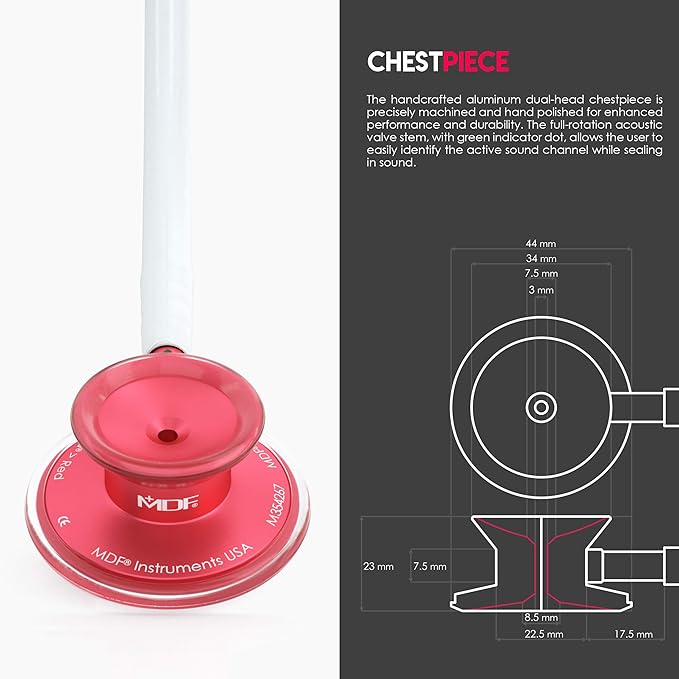 MDF Instruments, Acoustica Lightweight Stethoscope for Doctors, Nurses, Students, Home Health Use, Adult, Dual Head, White Tube, Red Chestpiece-Headset, MDF747XPR29