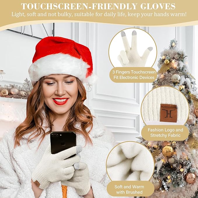Womens Winter Beanie Hats Scarf Touchscreen Gloves Set Chenille Knit Fleece Lined Beanies Pompom Hat Scarves