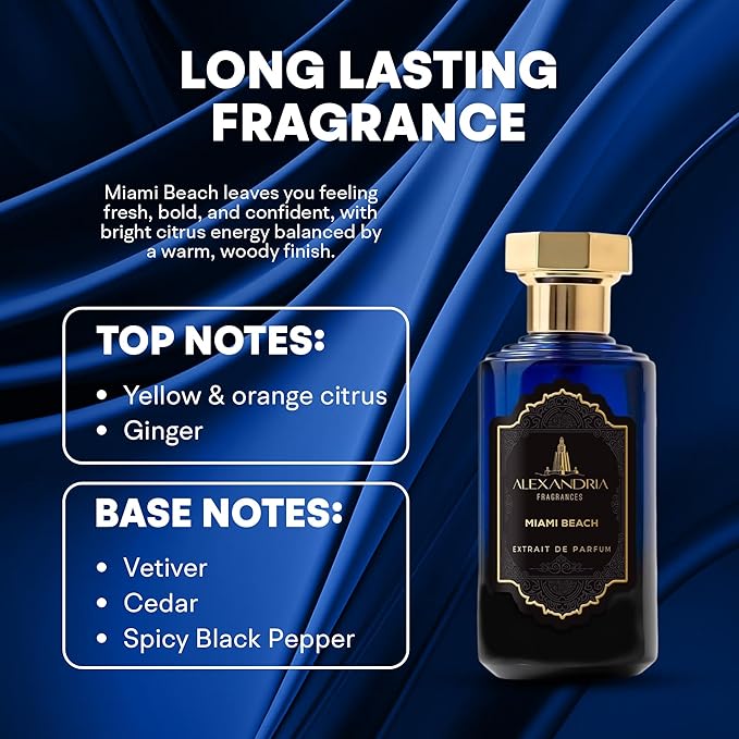 Alexandria Fragrances Miami Beach Perfume - Long Lasting Eau de Parfum for Men & Women - Everyday Men’s Cologne with Citrus, Ginger, Vetiver & Cedar Notes - Inspired by Beach & Summer Vibes - 60ml