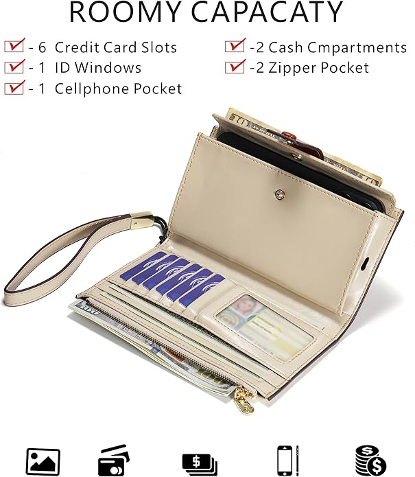 ANDOILT Wallet Women RFID Blocking Genuine Leather Bifold Multi Card Organizer Wristlet Purse Cell Phone Handbag