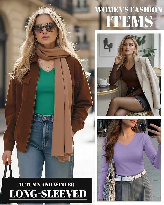 Ficerd 3 Pack Women's Long Sleeve Shirts, V Neck Basic Tees Slim Fitted Casual Fall Tops Going Out Blouses T Shirts