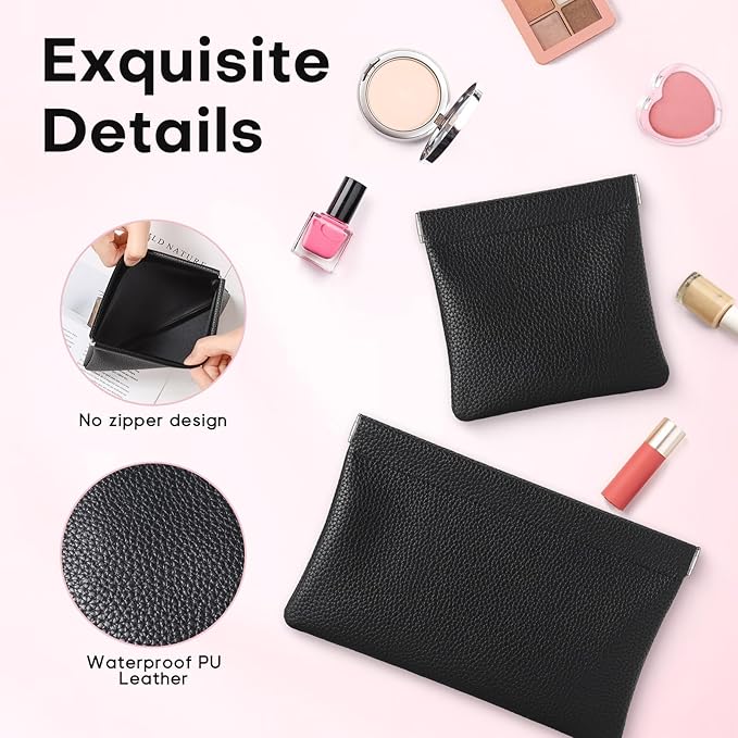 Sightor Leather Pocket Cosmetic Bag for Purse, 2 Pack Small Makeup Bag for Women Coin Purse Lipstick Cosmetic Accessories Organizer Travel Cosmetic Pouch (Black)