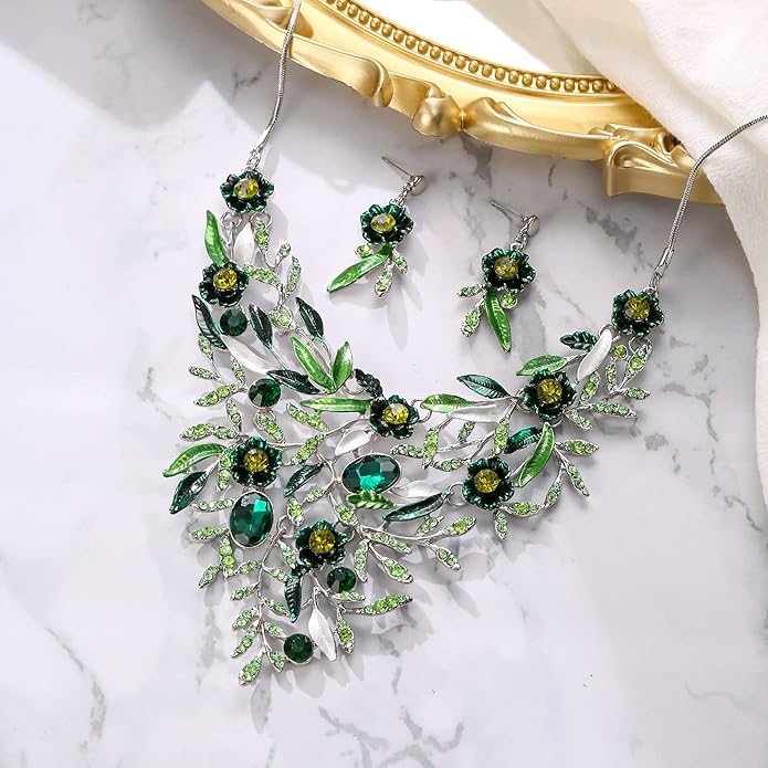 BriLove Wedding Bridal Leaf Cluster Jewelry Set for Women Crystal Flower Enamel Statement Necklace Dangle Earrings