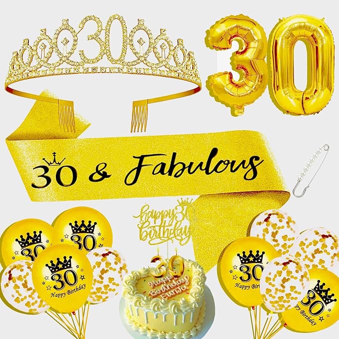 30th Birthday Decorations for Her Girls Set, Include 30th Birthday Crown and 30 Sash, 30th Birthday Cake Topper and 30 Birthday Candles, Gold 30 Balloons, Women 30th Party Supplies(Gold)