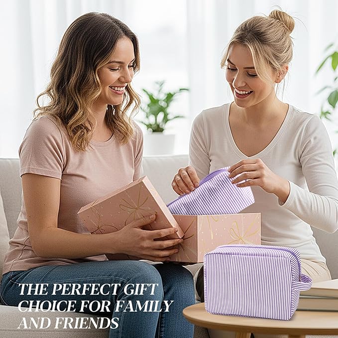 Sanwuta 2 Pcs Makeup Bag Set Seersucker Cosmetic Bag for Women Cute Stripe Travel Toiletry Organizer Aesthetic Preppy Storage Pouch for Girls Wedding Bridesmaid Valentine's Day Gifts(Purple)