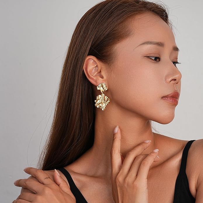 Large Gold Earrings for Women, Chunky Gold Statement Drop Dangle Earring Maple Leave Ginko Leaf Jewelry Gifts