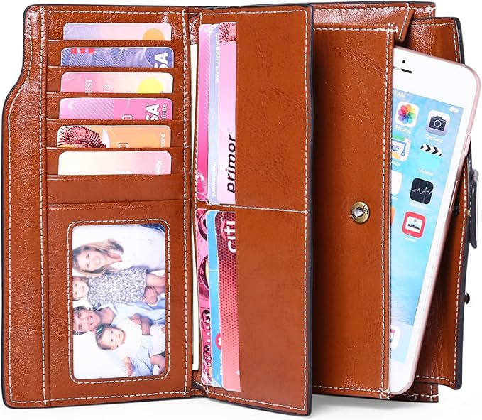 Women's Retro Long Wallet Genuine Leather RFID Blocking Large Capacity Clutch Purse in Brown (Brown)