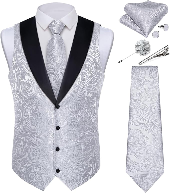 DiBanGu Mens Paisley Suit Vest Silk Jacquard Waistcoat and Necktie Set Formal Shawl Collar Dress Vest 7PCS for Wedding Party