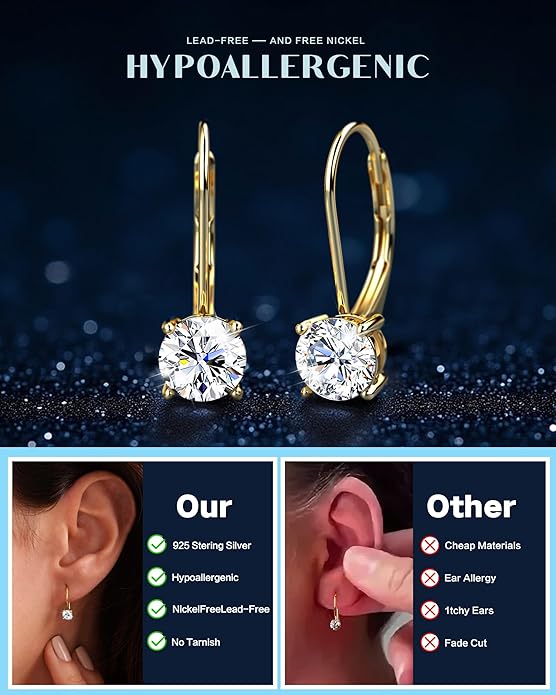 Moissanite Earrings,1.0ct-2.0ct D Color Brilliant Round Cut Earring 18K White Gold Plated Sterling Silver Dangle Earrings Moissanite Leverback Drop Earring s