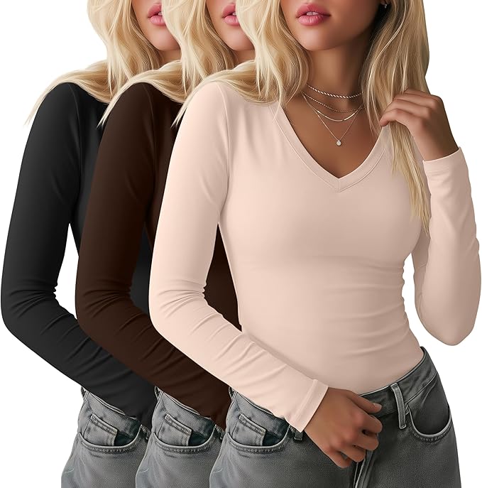 Ficerd 3 Pack Women's Long Sleeve Shirts, V Neck Basic Tees Slim Fitted Casual Fall Tops Going Out Blouses T Shirts