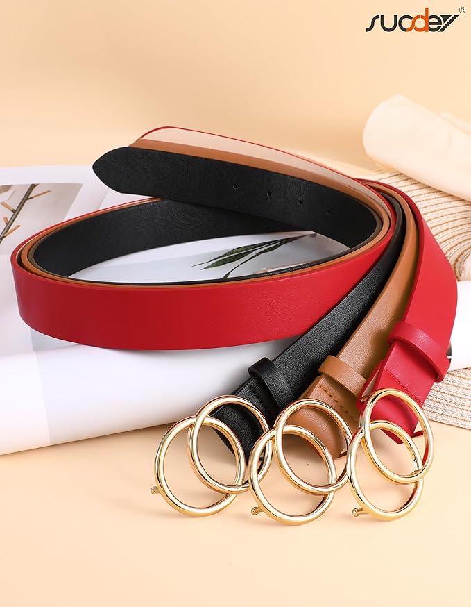 SUOSDEY Women Leather Belt Fashion Double O-Ring Soft Faux Leather Waist Belts For Jeans Dress