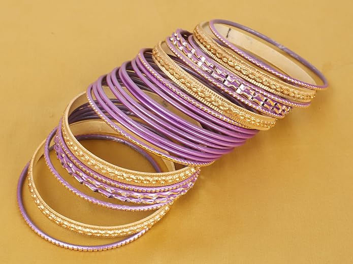 Touchstone Indian Metal Bangles for Women Gold Alloy Bracelets desi 2 Dozen Bangle Collection Bollywood Women's Jewelry Set Multi Stacking Wide Chunky Textured Golden Set of 24 in Gold or White Tone