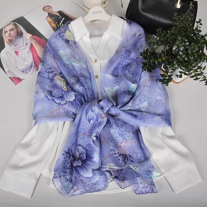 100% Mulberry Silk Women's Neck Silk Scarf-Lightweight Shawl,FLoral Print Beach Silk Wrap-Scarves for Photography