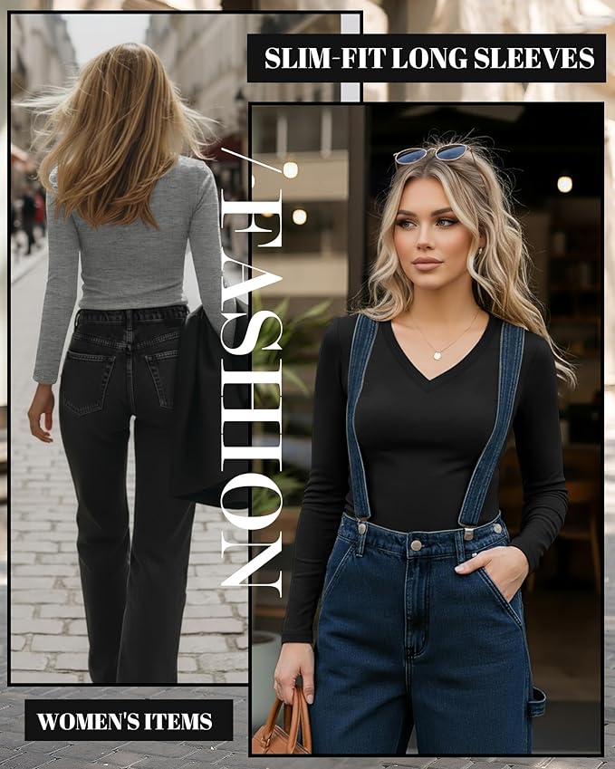 Ficerd 3 Pack Women's Long Sleeve Shirts, V Neck Basic Tees Slim Fitted Casual Fall Tops Going Out Blouses T Shirts