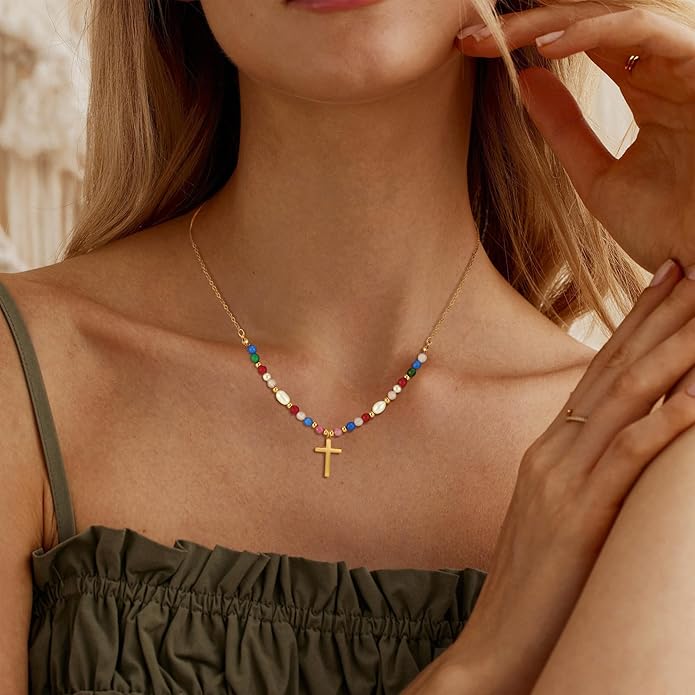 Cross Necklace for Women Trendy - Dainty 18K Real Gold Plated Minimalist Cross Necklace Non Tarnish Waterproof Trendy Cute Simple Small Necklaces Easter Christian Religious Faith Jewelry Gifts