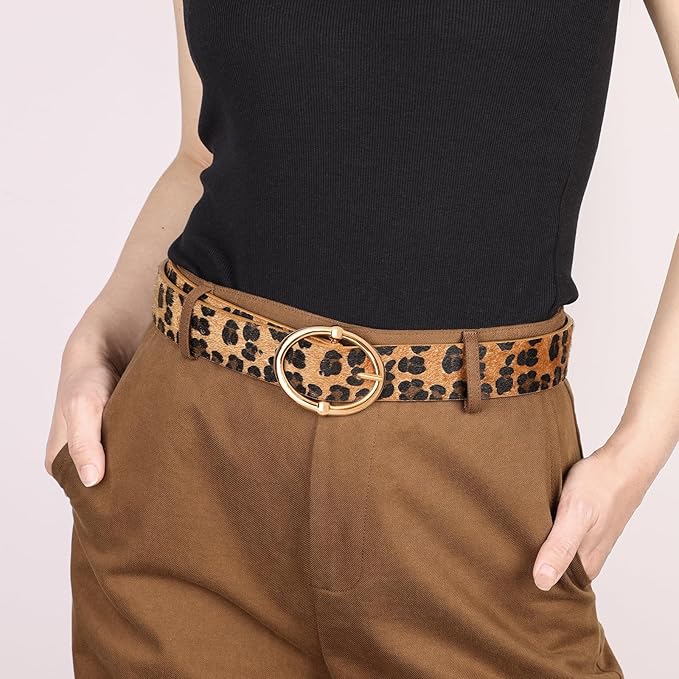 Women’s Leopard Print Leather Belts for Women, Cheetah Print Belt with Gold Buckle, Width 1.46"