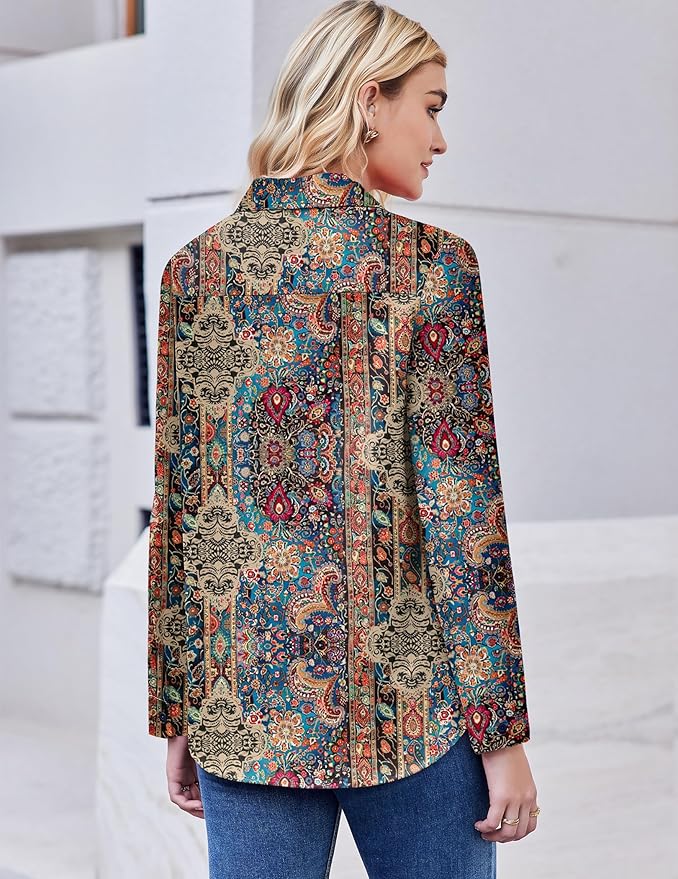 ZEAGOO Button Down Shirt for Women Long Sleeve Blouses Floral Printed Tops Business Casual Work Outfits S-XXL