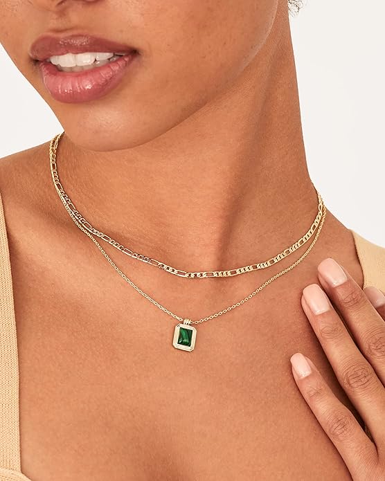 PAVOI 14K Gold Plated Layered Necklaces for Women | Gemstone Pendant Figaro Chain Necklace | Carnelian, Green Aventurine, Malachite Layering Necklace