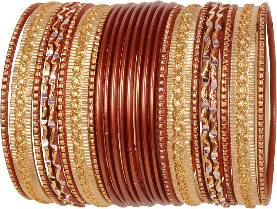 Touchstone Indian Metal Bangles for Women Gold Alloy Bracelets desi 2 Dozen Bangle Collection Bollywood Women's Jewelry Set Multi Stacking Wide Chunky Textured Golden Set of 24 in Gold or White Tone
