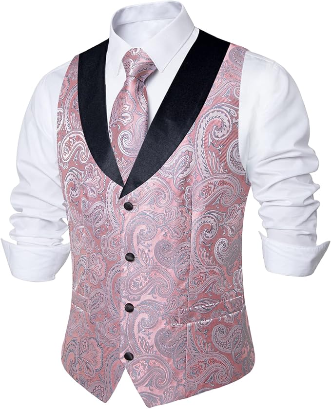 DiBanGu Mens Paisley Suit Vest Silk Jacquard Waistcoat and Necktie Set Formal Shawl Collar Dress Vest 7PCS for Wedding Party